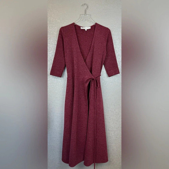Christine Alcalay Small Wrap Sweater Dress Burgundy Midi Length Pockets - Picture 9 of 14